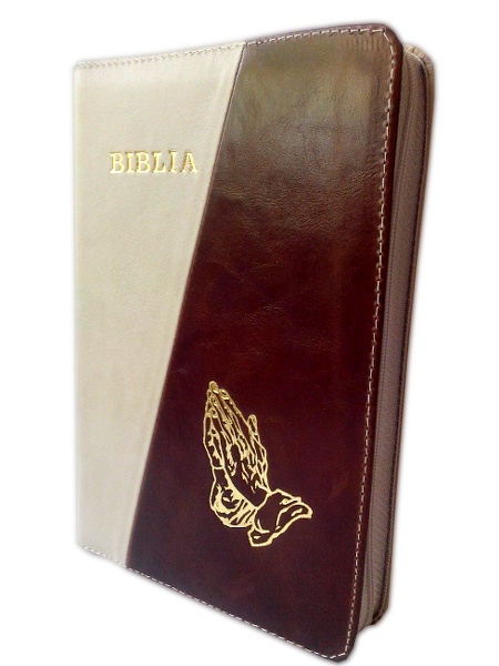 Biblia din piele, medie, bej / visiniu, fermoar, aurita, cu maini, cuv. lui Isus cu rosu [052]