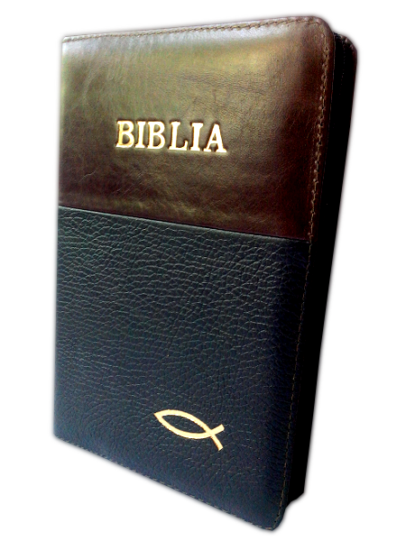 Biblia din piele, marime medie, visiniu inchis - bleumarin, fermoar, cu peste [053]