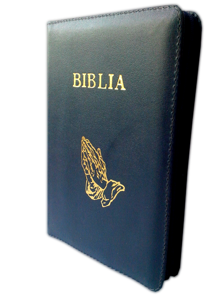 Biblia din piele, marime medie, bleumarin inchis, fermoar, cu maini, cuv. lui Isus cu rosu [053]