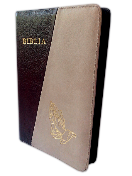 Biblia din piele, marime medie, maro / bej, fermoar, cu maini [053]