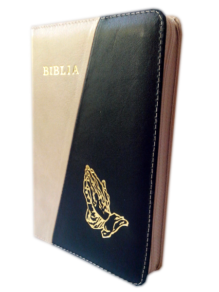 Biblia din piele, medie, bej / negru, fermoar, aurita, cu maini, cuv. lui Isus cu rosu [052]