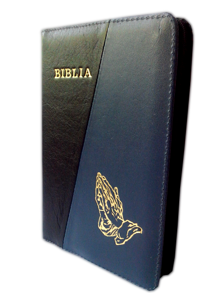 Biblia din piele, marime medie, negru / bleumarin, fermoar, cu maini, cuv. lui Isus cu rosu [053]