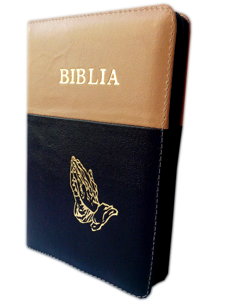 Biblia din piele, marime medie, maro - negru, fermoar, cu maini [053]