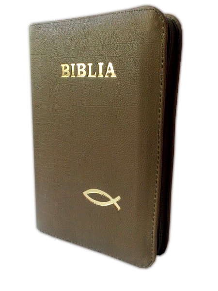 Biblia din piele, marime medie, verde oliv, fermoar, cu peste [053]