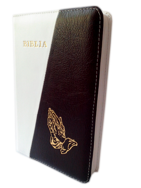 Biblia din piele, marime medie, alb / maro inchis, fermoar, cu maini [053]