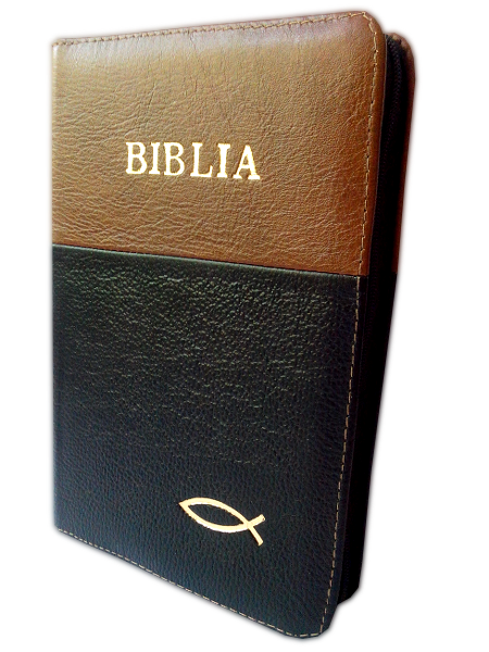 Biblia din piele, marime medie, maro - negru, fermoar, cu peste [053]