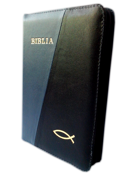 Biblia din piele, marime medie, bleumarin / negru, fermoar, cu peste [053]