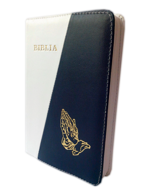 Biblia din piele, marime medie, alb / bleumarin, fermoar, cu maini, cuv. lui Isus cu rosu [053]