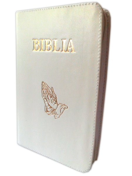 Biblia NTR (Biblia Noua Traducere), coperta din piele, alba, cu maini,, fermoar, marime medie Biblia NTR (Biblia Noua Traducere), coperta din piele, alba, cu maini,, fermoar, marime medie
