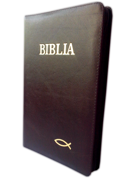 Biblia mare, din piele, visinie, fermoar, margini aurii, cu peste, cuv. lui Isus in rosu [073 PFR]