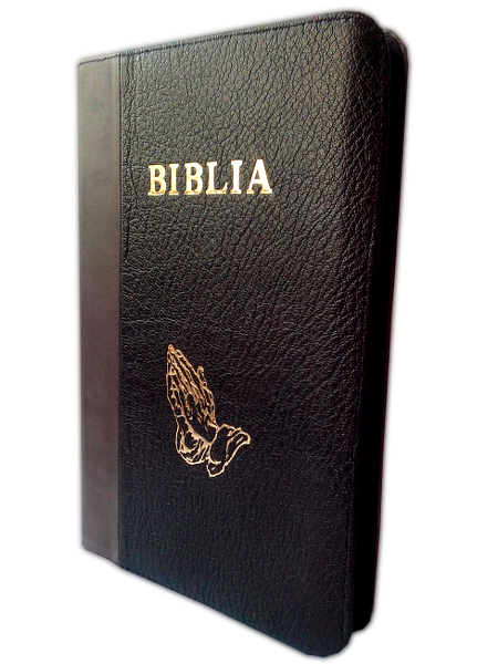 Biblia mare, din piele, visiniu | negru, fermoar, margini aurii, cu maini, cuv. lui Isus in rosu [073 PFR]
