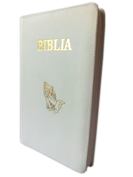 Biblia mare, din piele, alba, fermoar, margini aurii, cu maini, cuv. lui Isus in rosu [073 PFR]