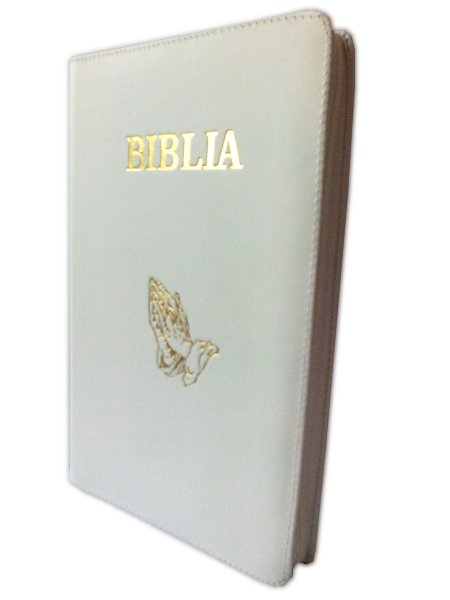 Biblia marime mare, coperta piele naturala, albă, margini albe,  simbolul maini in rugaciune, cuvintele lui Isus cu rosu [072 PF]