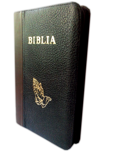 Biblia mare, din piele, kaki | negru, fermoar, margini aurii, cu maini, cuv. lui Isus in rosu [073 PFR]