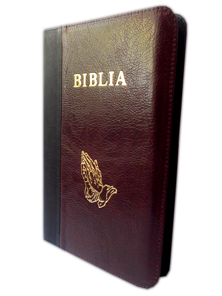 Biblia mare, din piele, negru | visiniu, fermoar, margini aurii, cuv. lui Isus in rosu, cu maini [073 PFR]