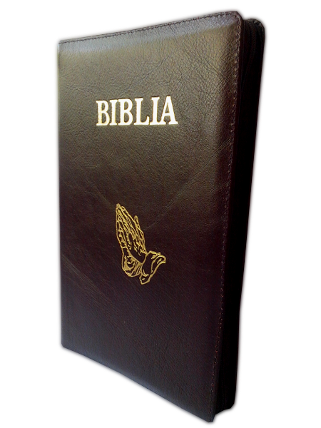 Biblia mare, din piele, maro, fermoar, margini aurii, cuv. lui Isus in rosu, cu maini [073 PFR]