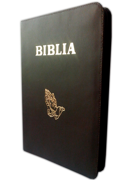 Biblia foarte mare, piele, maro inchis, fermoar, scris mare, cu maini [083 PF]