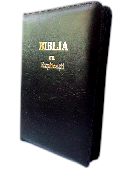 Biblia cu explicatii si concordanta biblica, din piele, neagra, cu fermoar, index, aurita, cuv. lui Isus cu rosu [CO 77 PFI]