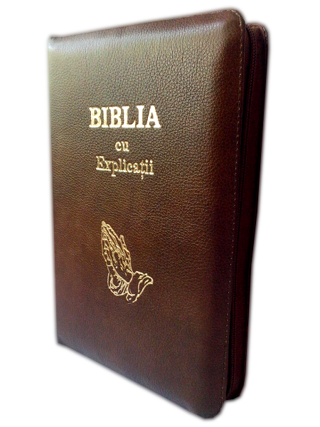 Biblia cu explicatii si concordanta biblica, din piele, maro inchis, cu fermoar, cu maini [77 PF]
