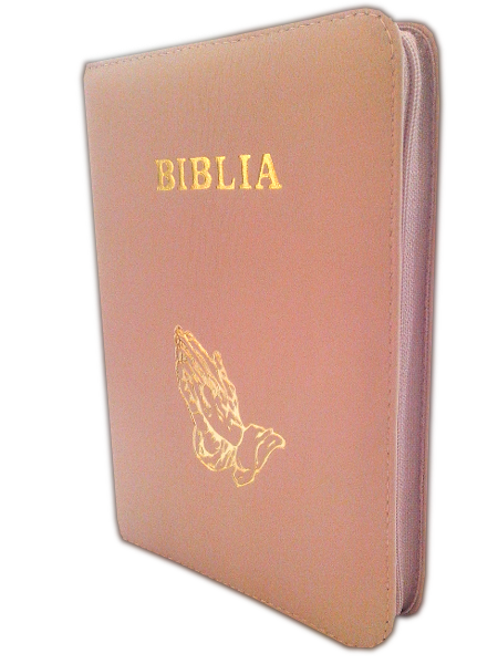 Biblia de piele, marime medie, nuanta de roz, fermoar, cu maini, cuv. lui Isus cu rosu  [052]