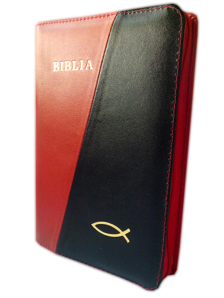 Biblia din piele, marime medie, rosu / negru, fermoar, cu peste, cuv. lui Isus cu rosu [053]