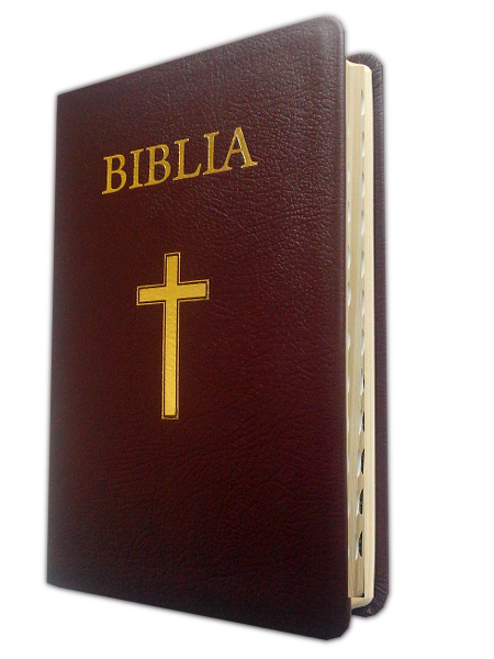 Biblia marime mare, din piele, aurita, cu index lateral, visinie, cu cruce [073 PI]