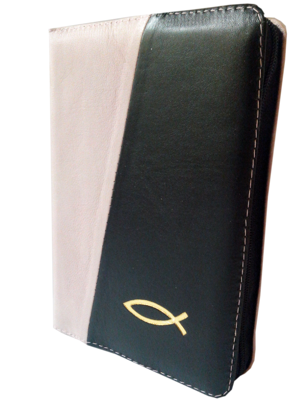 Biblie din piele, mica, roz deschis / negru, fermoar, aurita, cu peste, cuv. lui Isus in rosu [043 A]