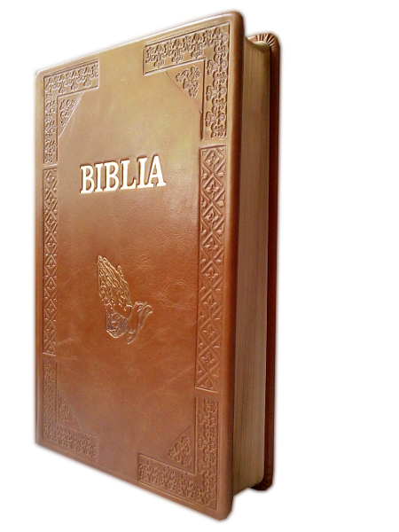 Biblie foarte mare, coperta din piele prelucrata manual, maro deschis, aurita, cu cruce, cuv. lui Isus cu rosu [083 PR]