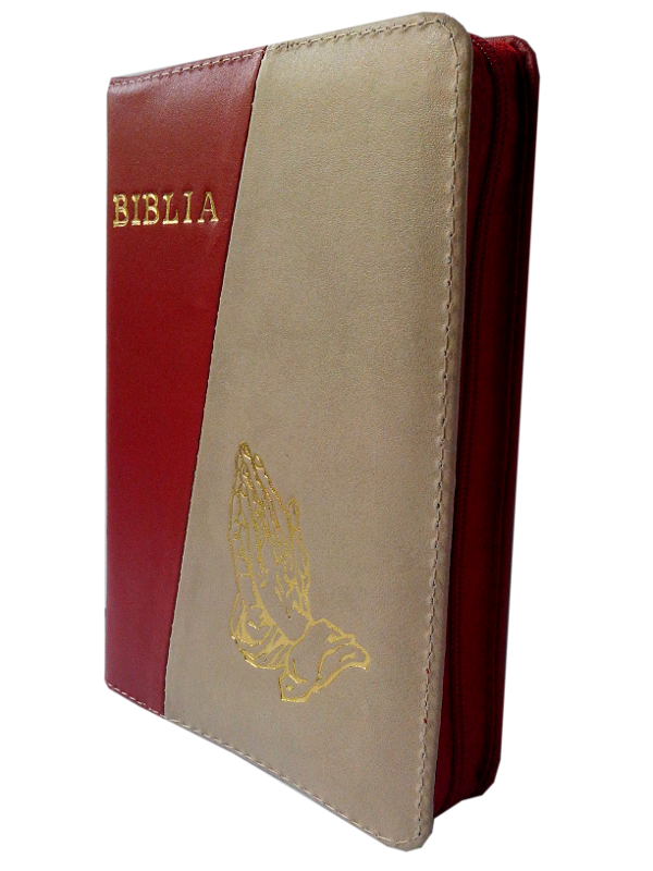Biblie din piele, mica, rosu / bej, fermoar, aurita, cu maini, cuv. lui Isus in rosu [043 A]