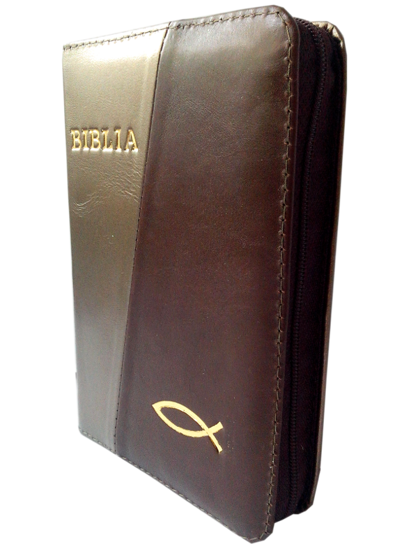 Biblie din piele, mica, bronz / visiniu, fermoar, aurita, cu peste, cuv. lui Isus in rosu [043 A]
