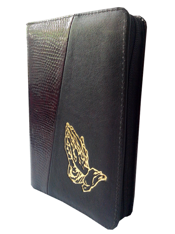 Biblie din piele, mica, textura bordo / negru, fermoar, aurita, cu maini, cuv. lui Isus in rosu [043 A]