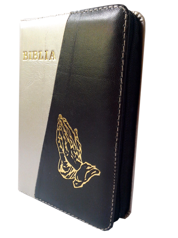 Biblie din piele, mica, argintiu/negru, fermoar, aurita, cu maini, cuv. lui Isus in rosu [043 A]