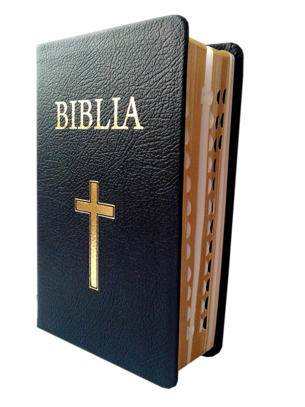 Biblia medie, din piele, neagra, margini aurii, index, cu cruce [053 PI]