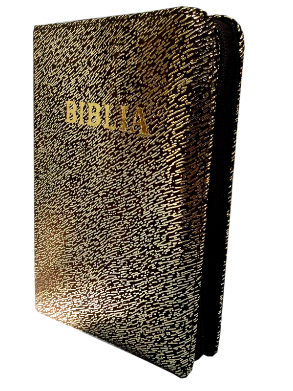Biblie din piele, mica, coperta unicat - maro cu linii aurii, fermoar, aurita, cuv. lui Isus in rosu [043 A]