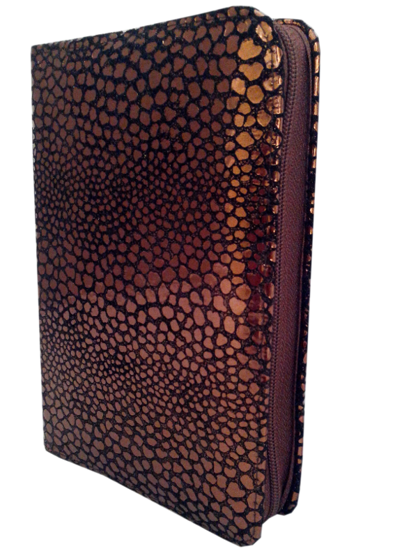 Biblie din piele, mica, coperta unicat - maro cu pete aurii, fermoar, aurita, cuv. lui Isus in rosu [043 A]