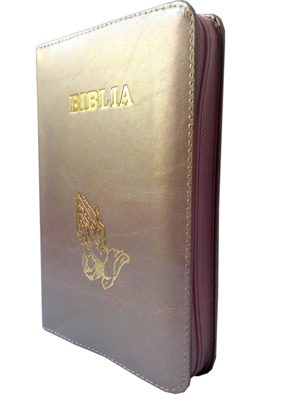 Biblia din piele, medie, culoare ocru, fermoar, cu maini, aurita, cuv. lui Isus cu rosu [052]