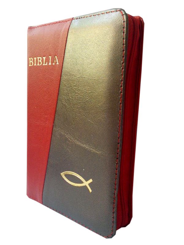 Biblie din piele, mica, rosu / gri inchis, fermoar, aurita, cu peste, cuv. lui Isus in rosu [043 A]