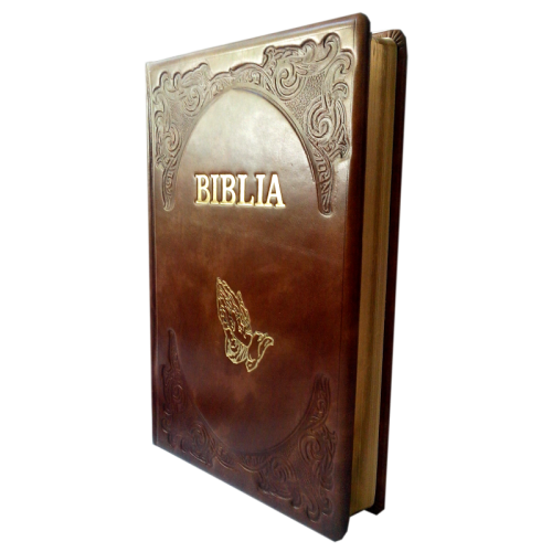 Biblie foarte mare, coperta din piele prelucrata manual, visinie, aurita, cuv. lui Isus cu rosu, cu maini [083 PR]