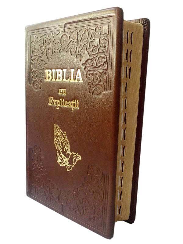 Biblia cu concordanta si explicatii, HANDMADE, mare, piele, maro deschis, index, aurita,  cuv. lui Isus cu rosu [CO 77 HMI]