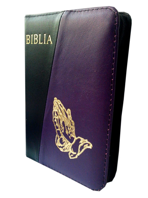 Biblie din piele, marime medie, culoare, negru cu mov închis, simbol maini in rugaciune, fermoar, index, margini aurii, cuv. lui Isus cu rosu [SB 057 PFI]