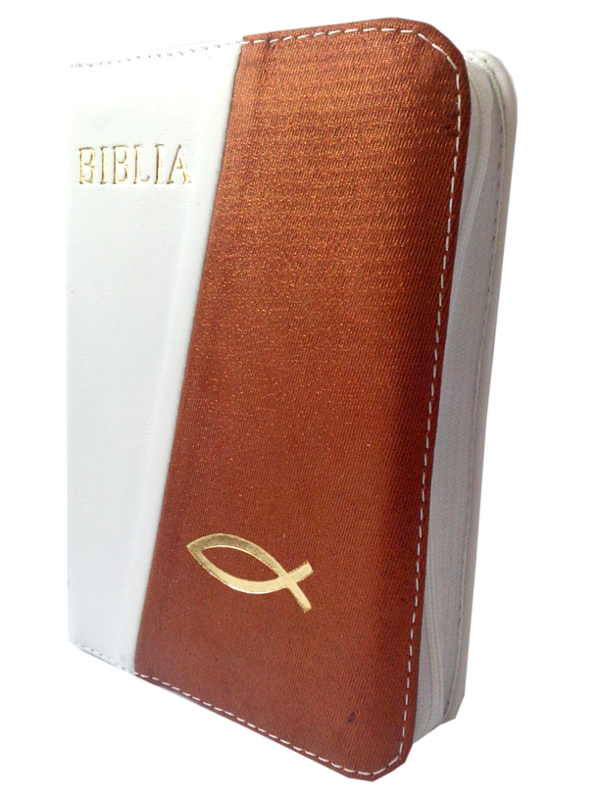Biblie din piele, mica, alb / rosu caramiziu, fermoar, aurita, cu peste, cuv. lui Isus in rosu [043 A]