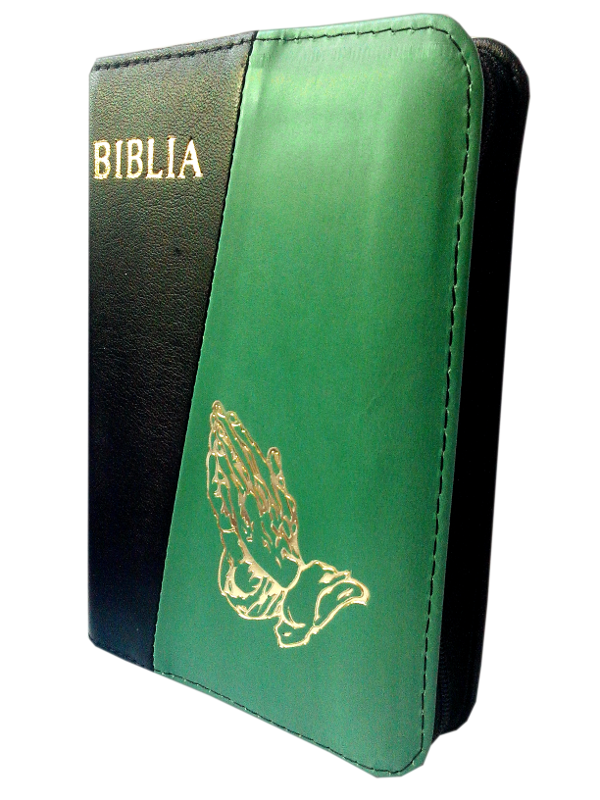 Biblie din piele, mica, negru / verde, fermoar, aurita, cu maini, cuv. lui Isus in rosu [043 A]