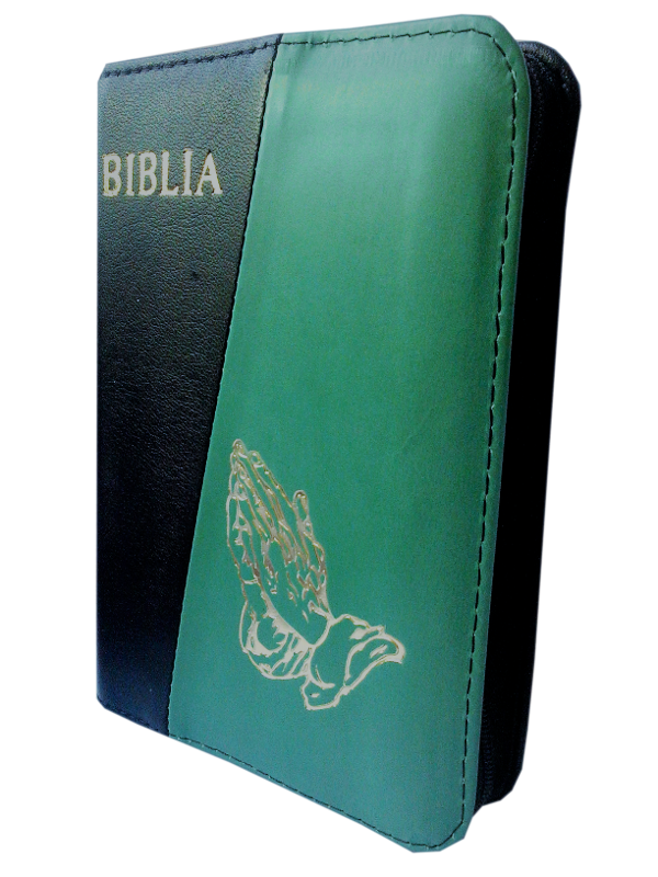 Biblia format mic, din piele, culoare negru/verde turcoaz, index, fermoar, margini argintii, simbolul maini in ruga, cuv. lui Isus in rosu [047 PFI]