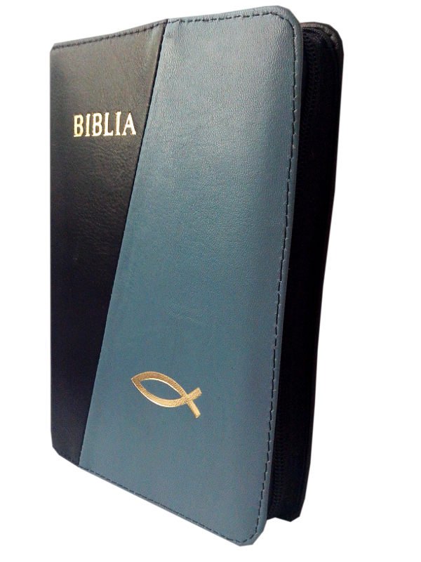 Biblia din piele, medie, negru / albastru metalic, fermoar, aurita, cu peste, cuv. lui Isus cu rosu [052]