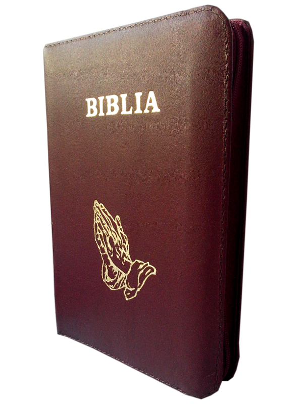 Biblie din piele, mica, visinie, fermoar, margini aurii, cu maini, cuv. lui Isus in rosu [043 A]