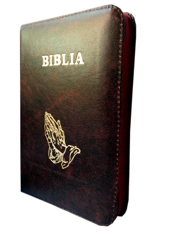 Biblia din piele, medie, amestec visiniu-negru, fermoar, aurita, cu maini, cuv. lui Isus cu rosu [052]