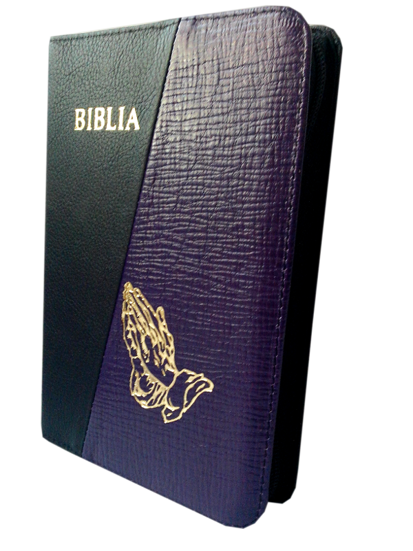 Biblia din piele, medie, negru / mov, fermoar, aurita, cu maini, cuv. lui Isus cu rosu [052]