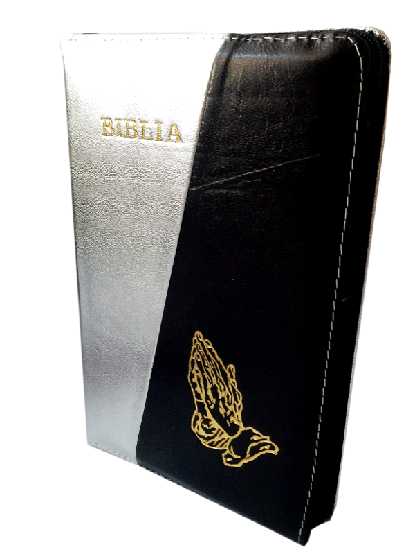 Biblia din piele, medie, argintiu / negru, fermoar, cu maini, cuv. lui Isus cu rosu [053]