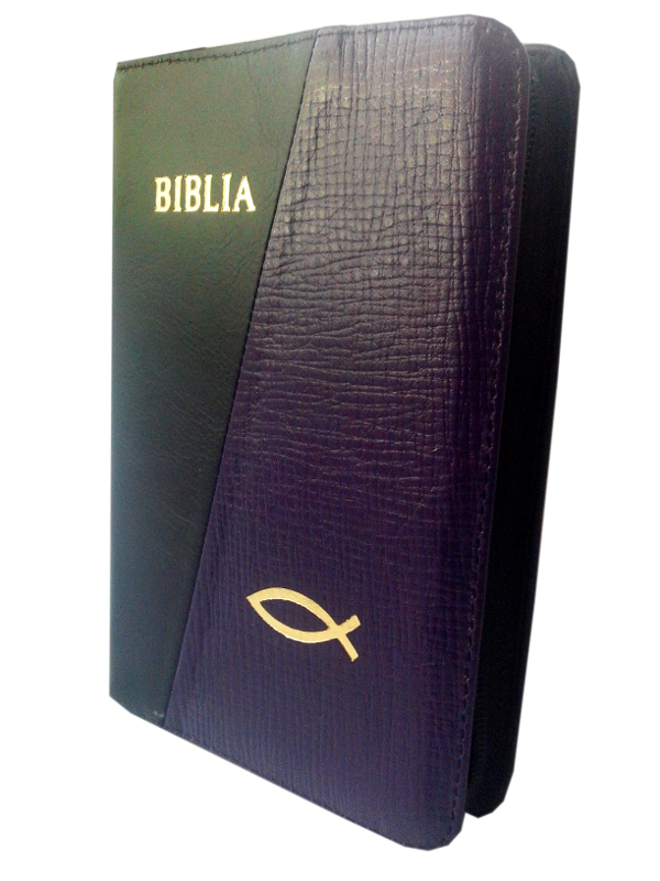 Biblia din piele, medie, negru / mov, fermoar, aurita, cu maini, cuv. lui Isus cu rosu [052]