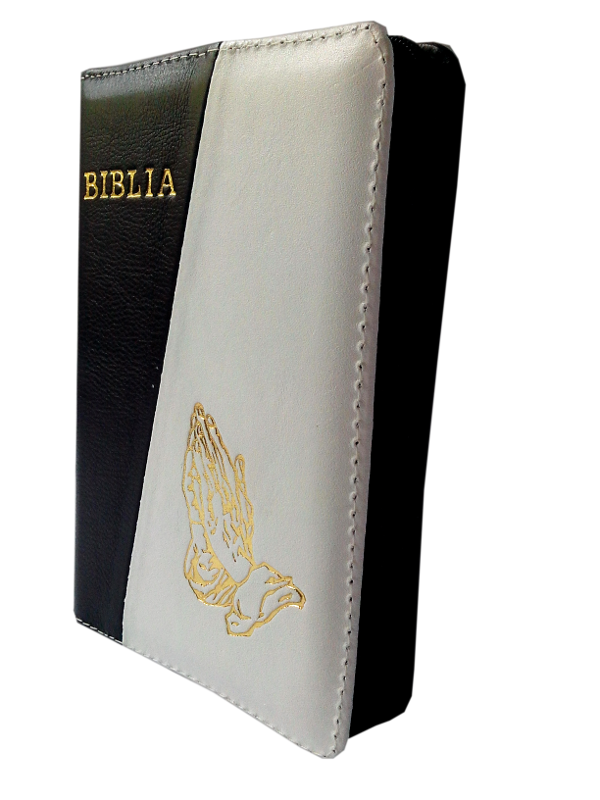 Biblie din piele, mica, maro inchis / alb, fermoar, aurita, cu maini, cuv. lui Isus in rosu [043 A]